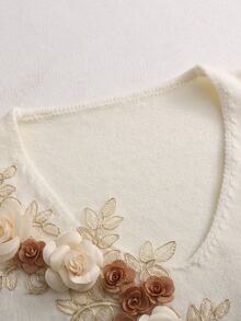 Linavere Women's Romantic 3D Floral V-Neck Drop Shoulder Long Sleeve Sweater - White - View 3