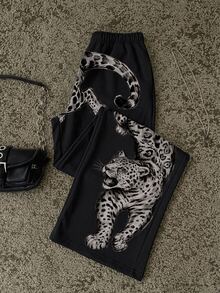 SHEIN EZwear 女款休閒低腰直筒運動長褲，復古虎紋印花，適合春夏秋冬 - 彩色 - 查看 3