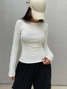 DAZY 女款保暖內裡修身純色T恤 - 米色 - 查看 7