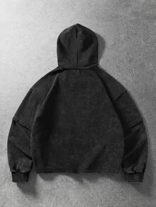 ROMWE MEN Men's Vintage Distressed Washed 2 In 1 Dark Streetwear Loose Hoodie - Black - View 2
