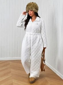 SHEIN EZwear Plus Size Women's Zipper Front Long Sleeve Casual Jumpsuit, Autumn/Winter - White - View 6