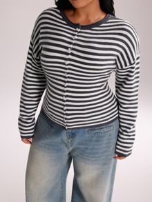 Rustia Sweater Kardigan Tipis Lengan Panjang Kancing Motif Garis Kontras Young Street Y2K Ukuran Plus untuk Wanita, Musim Gugur/Dingin - Hitam dan Putih - View 7