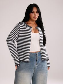 Rustia Sweater Kardigan Tipis Lengan Panjang Kancing Motif Garis Kontras Young Street Y2K Ukuran Plus untuk Wanita, Musim Gugur/Dingin - Hitam dan Putih - View 4