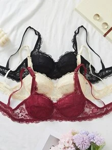 DesireSculpt 3件組極簡風女款鋼圈內衣 性感蕾絲法式浪漫內衣 - 彩色 - 查看 1