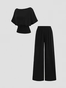 Sweetra New Waist-Cinching Top And High-Waist Straight-Leg Pants 2 Pieces Set, Suitable For Commuting And Street Wear - Black - View 3