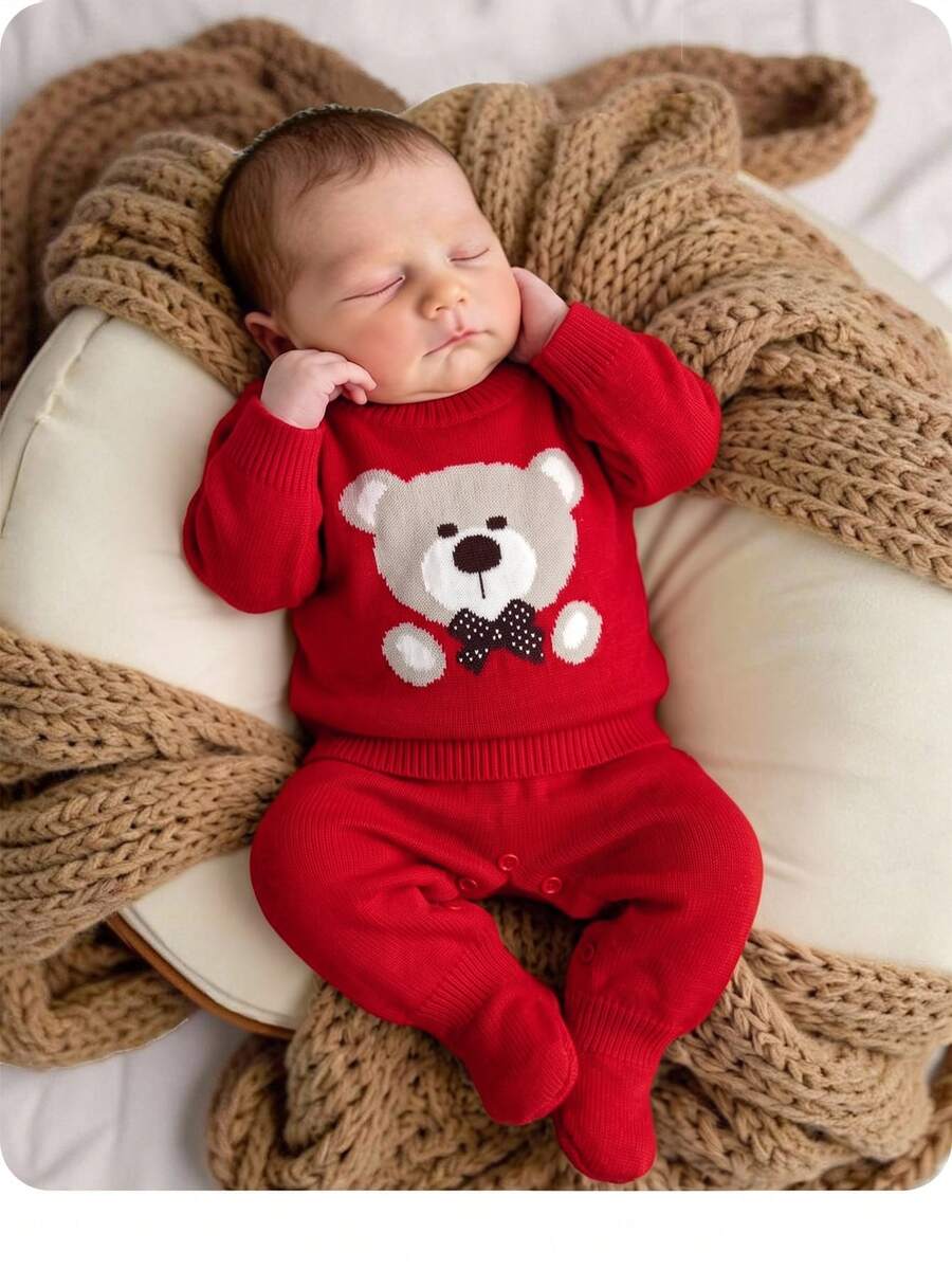 SHEIN Newborn Bear Pattern Sweater & Knitted Pants Set - Red - View 1