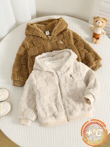 SHEIN 中性嬰兒男/女童、幼兒 2件組秋冬休閒可愛毛絨連帽夾克外套多件套裝，嬰兒加厚棉襖，冬季外套，抓絨加厚 - 杏色 - 查看 5
