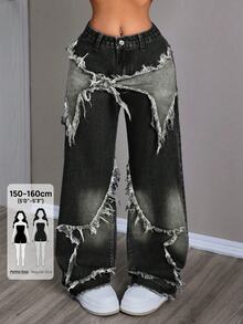 Jeanoix Petite Women's Outdoor Street Style Patchwork Embroidered Five-Point Star Frayed Hem Contrast Color Black Petite Denim Wide Leg Pants - Black - View 1