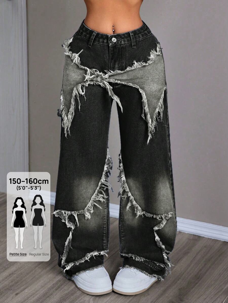Jeanoix Petite Women's Outdoor Street Style Patchwork Embroidered Five-Point Star Frayed Hem Contrast Color Black Petite Denim Wide Leg Pants - Black - View 1
