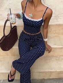 Aloruh Women's Casual Home Striped Camisole & Long Pants Set - Navy Blue - View 1