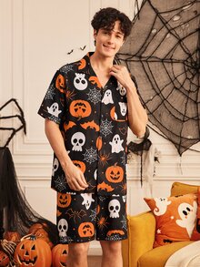Provexi Provexi Halloween Men's Lapel Collar Open Front Short Sleeve Shorts Pajama Set - Multicolor - View 3
