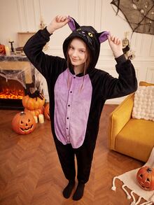 Provexi Provexi Halloween Flannel Black Cat Cartoon One-Piece Pajamas For Women, Hooded Animal Design Loose Fit Loungewear - Black - View 2