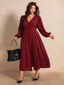 Elaquor Plus Size Women's Burgundy Lantern Sleeve Single-Breasted Elegant 1950s Vintage Romantic 1920 Celestial Dress Fall Brunch Party Date Night Evening - Red - View 3