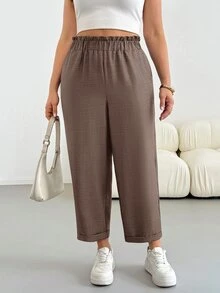 Shapeblank Plus Size Casual Versatile Solid Color Pants - Mocha Brown - View 4