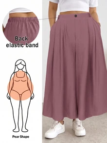 Shapeblank Plus Size Women's Solid Color Waist Button Design Wide Leg Casual Pants - Red Violet - View 1