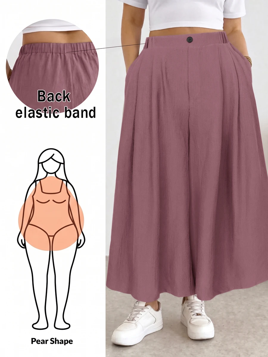 Shapeblank Plus Size Women's Solid Color Waist Button Design Wide Leg Casual Pants - Red Violet - View 1