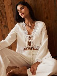 Lullawish Bohemian 100% Lace Hollow Out Women's Pajama Set - White - View 1