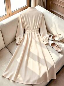 GlowEve Apricot Cross Shirt Collar Belt Wrap Elegant Commute Women Long Dress - Apricot - View 2