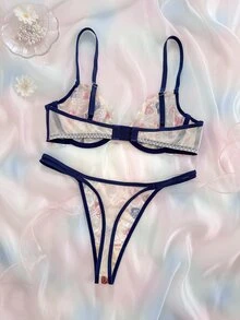 Eraneu Women's Sexy Lingerie Printed Lace Bra And Panty/Thong 2-Piece Set - Multicolor - View 2
