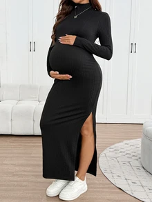 SHEIN Maternity Solid Color High Neck Long Sleeve Side Slit Hem Casual Dress - Apricot - View 1