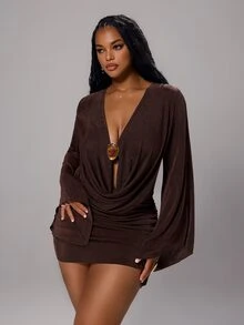 Rustia Plus Size Fashionable Cowl Neck Ruched Bodycon Sexy Elastic Dress - Brown - View 4