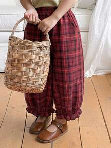 DAZY 女童格紋鬆弛燈籠長褲，鬆緊腰頭 - 酒紅色 - 查看 8