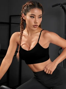Powerista 1 قطعة حمالة صدر عادية/قماش مضلع+تصميم حزام مستقيم قابل للتعديل/أسلوب أساسي+أسود+لياقة بدنية/يوغا - الأسود - مشاهدة 3