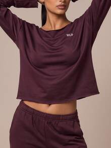 SHEIN BAE Women Burgundy Letter Print Off Shoulder Long Sleeve Sports Sweatshirt Gym Workout Training Running Yoga Athletic Activewear - Red Violet - View 6