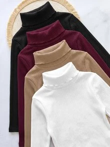 SHEIN 女嬰純色高領長袖休閒上衣 - 彩色 - 查看 5