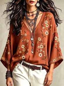 Glimmora 波希米亞風仿刺繡花卉印花女款上衣，寬鬆V領蝙蝠袖七分袖修身上衣，休閒度假旅行襯衫，適合鄉村與海灘 - 彩色 - 查看 3