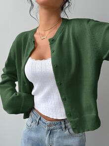 SHEIN BASICS 女款休閒純色圓領長袖寬鬆短版黑色針織開襟外套 冬季外套 - 墨綠色 - 查看 6