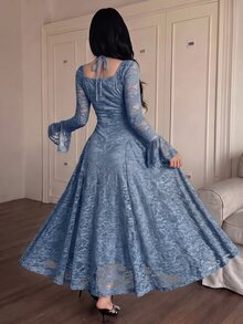 Feyla 女款甜心領喇叭袖優雅蕾絲中長洋裝 - 藍色 - 查看 2