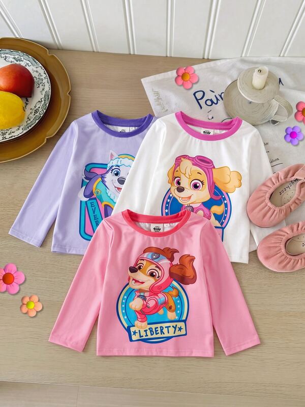 Maija Kids SHEIN | PAW Patrol Maija Kids Young Girl Knit Cute Cartoon Pattern Long Sleeve Colorblock T-Shirt 3pcs Set