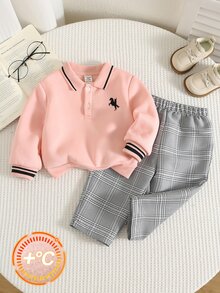 SHEIN 中性嬰兒男/女童 幼兒 2件組秋冬保暖內裡加厚衛衣套裝 Polo套裝 嬰兒冬季服飾 嬰兒套裝 聖誕 - 卡其色 - 查看 6
