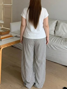 Dazy Plus 2pcs/Set English Graphic Short Sleeve T-Shirt & Striped Straight Leg Long Pajama Pants, Summer Wear Sleepwear Set - White - View 2