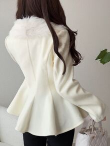 FRIFUL Women's Solid Color Fur Collar Long Sleeve Waist Tie Elegant Overcoat Fall - Beige - View 5