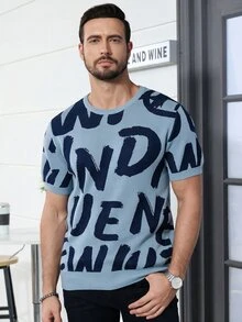 Marcello Vane Men's Letter Print Crew Neck Short Sleeve Casual Knit Top - Multicolor - View 5