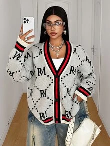 Maweii Plus Size Women's Knitwear Cardigan, Long Sleeve, Irregular Pattern, Loose, Casual, Autumn/Winter - Multicolor - View 1