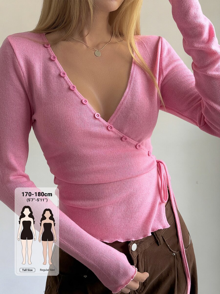 Dazy Tall Women's Deep V-Neck Long Sleeve Elegant Pullover Pink T-Shirt Fall - Pink - View 1