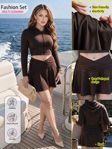 SHEIN Sovereign Charm Women's Plus Size Solid Color Hoodie And Mini Skirt Sports Set - Coffee Brown - View 3