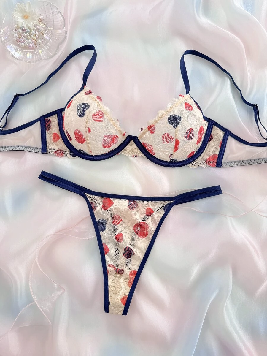 Eraneu Women's Sexy Lingerie Printed Lace Bra And Panty/Thong 2-Piece Set - Multicolor - View 1