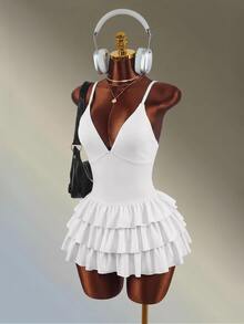 Amplova Ruffle Trim Backless Spaghetti Strap Sports Romper - White - View 8