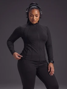 Powerista Women's Plus Size All Seasons Black Solid Color Performance Black Full Zip Sports Jacket Breathable Long Sleeve Exercise Track Top Active Wear - Black - View 3