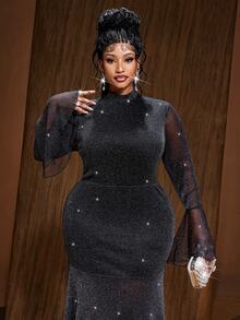 Maweii Plus Size Black Silver Thread High Neck Bell Sleeve Sexy Fitted Evening Dress Fall - Black - View 7
