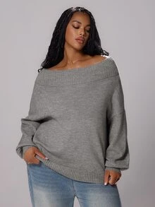 Rustia Plus Size Minimalist Fashion Long Sleeve Pullover Sweater, Preppy Style Fall - Grey - View 4