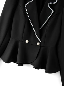Selianne Women's Black Blazer With Lapel, Puff Sleeves, Cinched Waist, Pearl Buttons, Ruffle Hem, Heavy Beading, Elegant Commuter Design, Romantic Fashion - Black - View 6