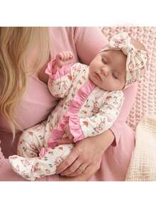 SHEIN Newborn Baby Cute Rabbit Print Ruffle Trim Romper Loungewear - Pink - View 1