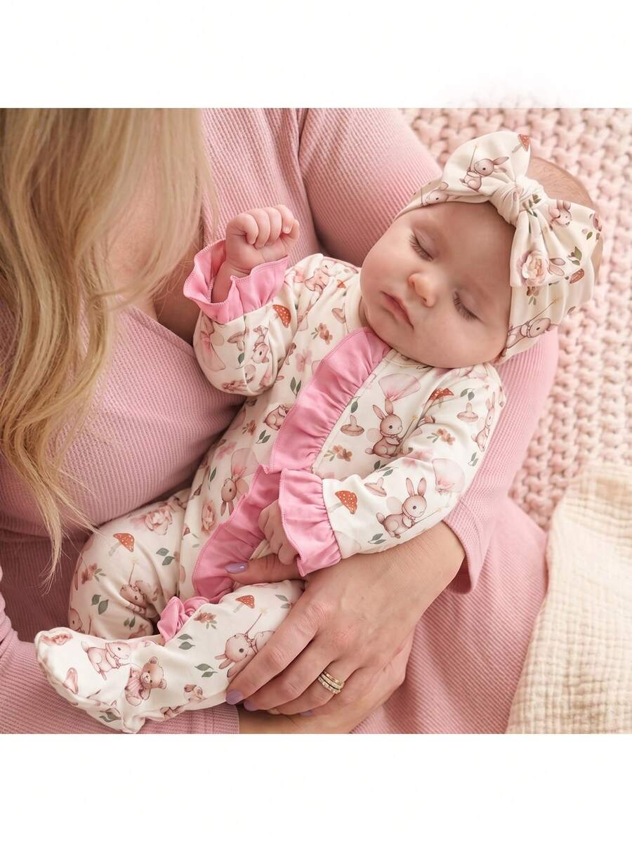 SHEIN Newborn Baby Cute Rabbit Print Ruffle Trim Romper Loungewear - Pink - View 1