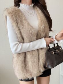 FRIFUL Women's Solid Color Fashion Versatile Winter Faux Fur Vest - Apricot - View 6