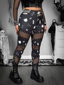Whyspr BATMAN X SHEIN Plus Size Printed Patchwork Fishnet Leggings - Black - View 5